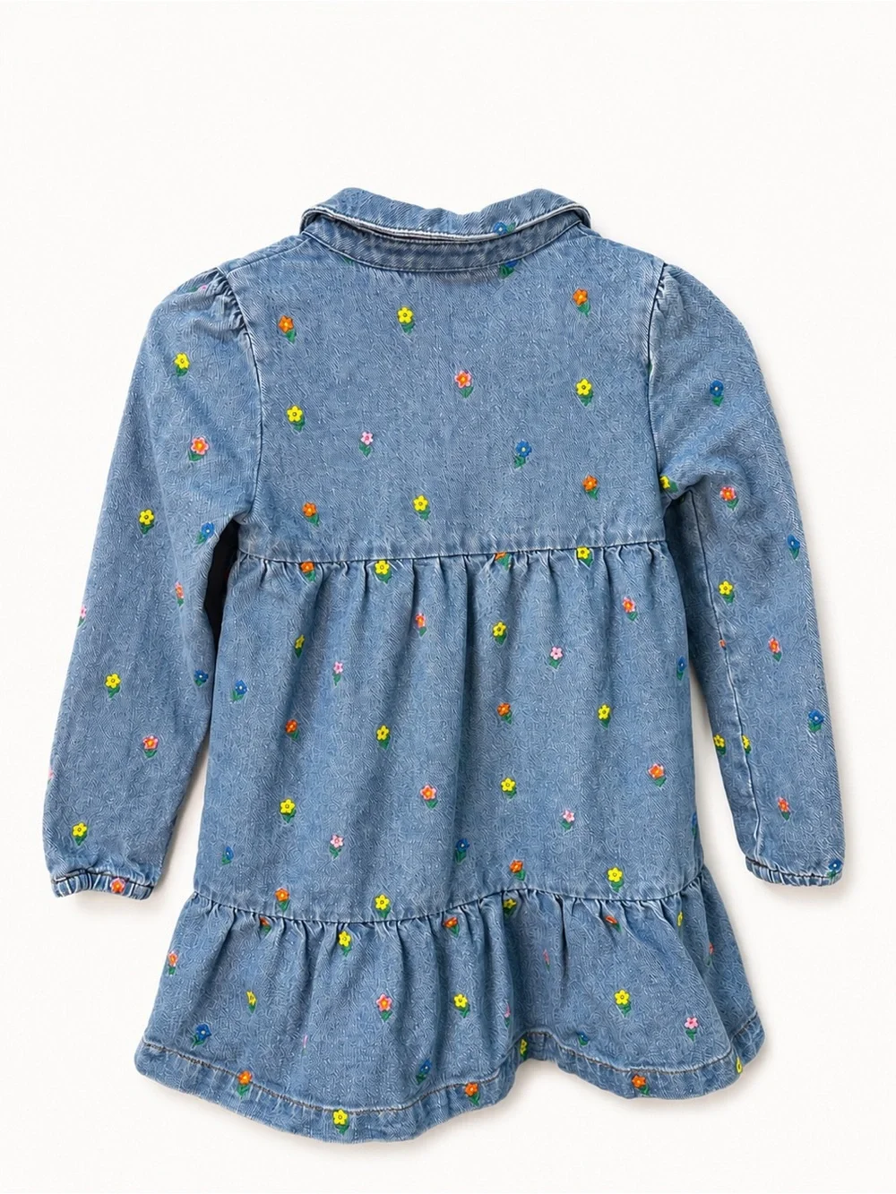Mini Boden Blue Denim Dress with Multicolor Floral Embroidery